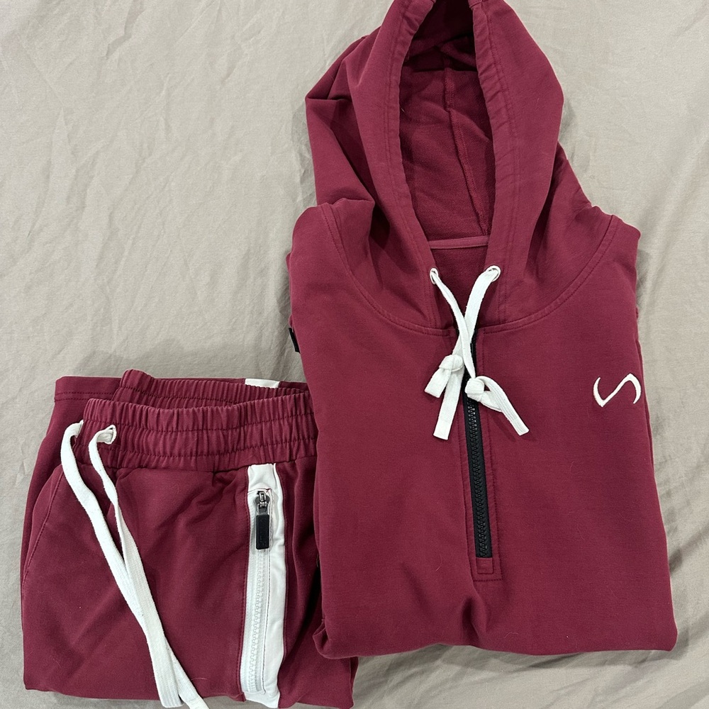 Burgundy Terry Workout Hoodie and Joggers with White Accents